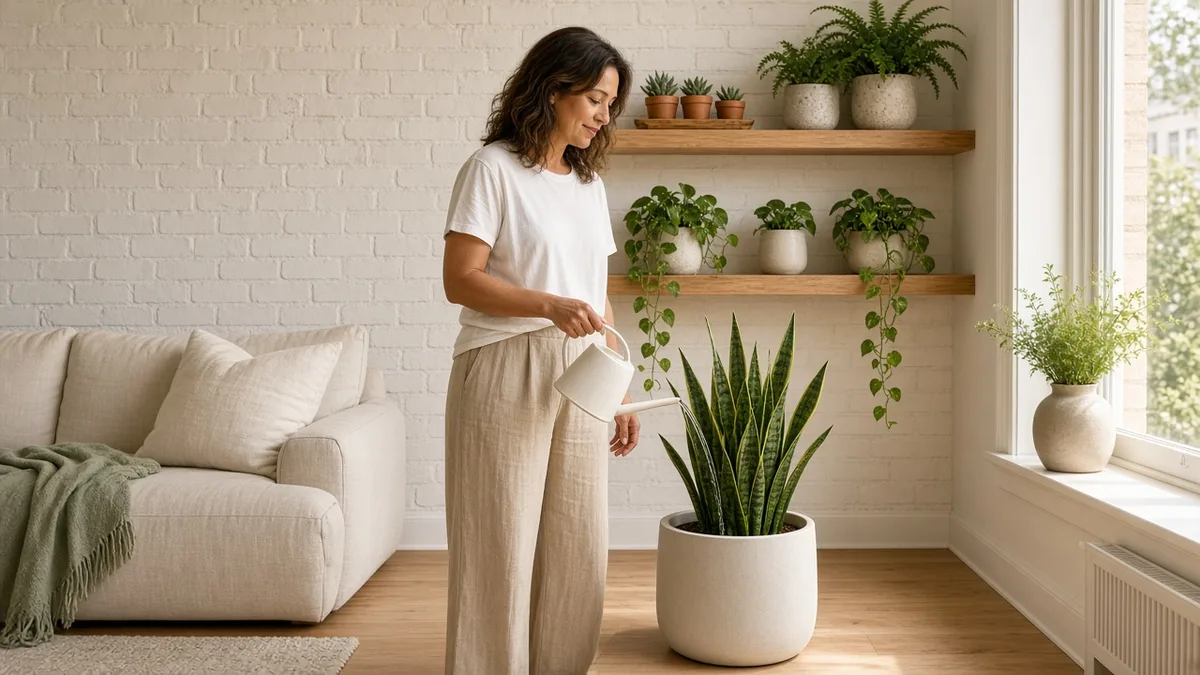 Woman watering a snake plant in a floor planter with smaller pots grouped on shelves behind