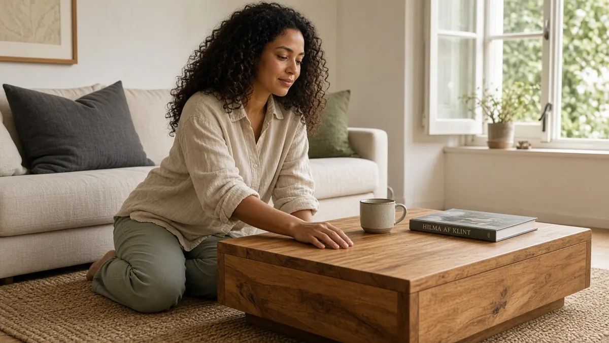 Woman running her hand over the striped honey and chocolate grain of an acacia wood coffee table